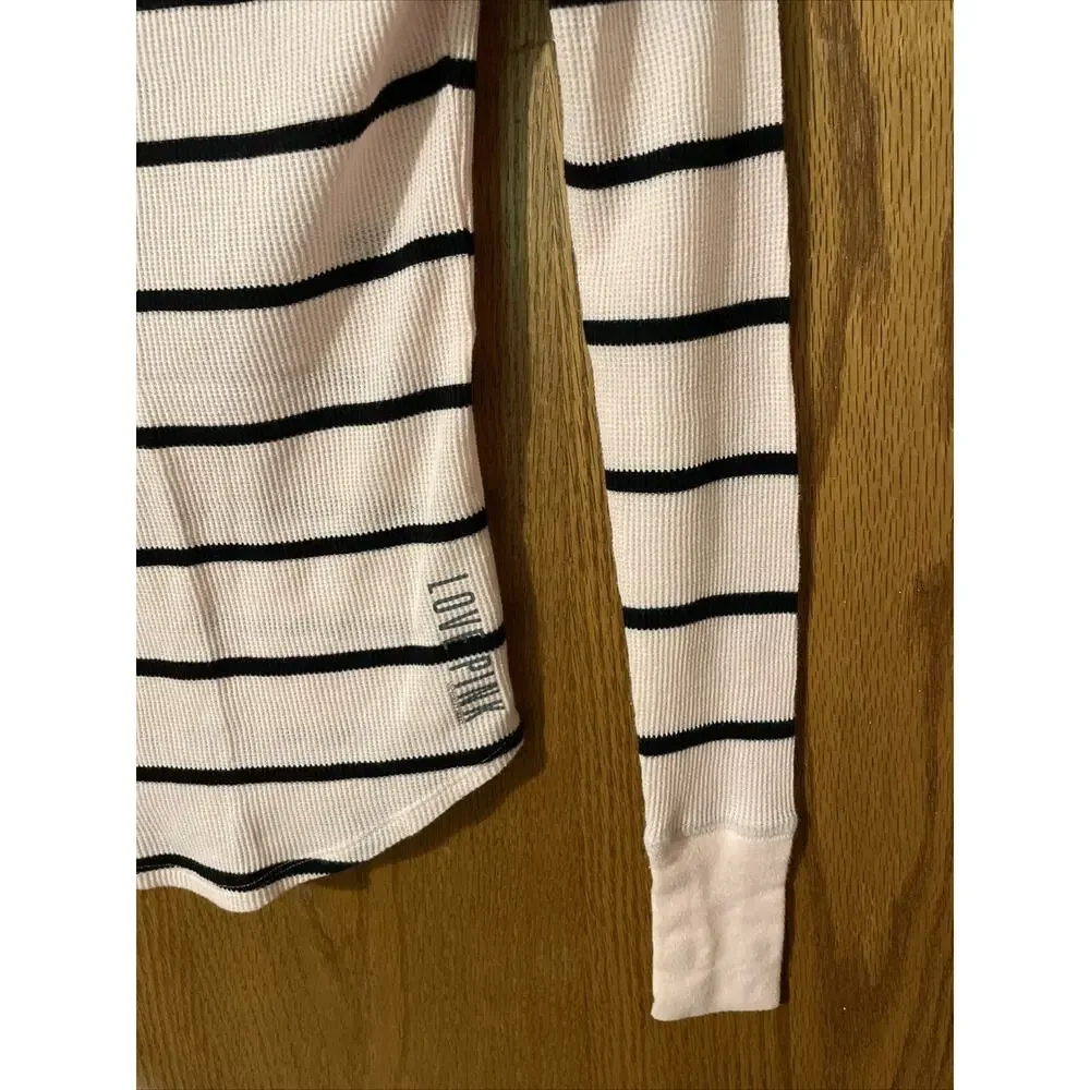 Victorias Secret PINK Waffle Knit Long Sleeve T Shirt Black Stripe Pink XS
